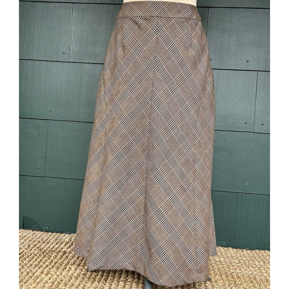 Vtg Talbots Wool Blend Plaid A-line Midi Skirt Brown Bias Cut 6P Fall Academia